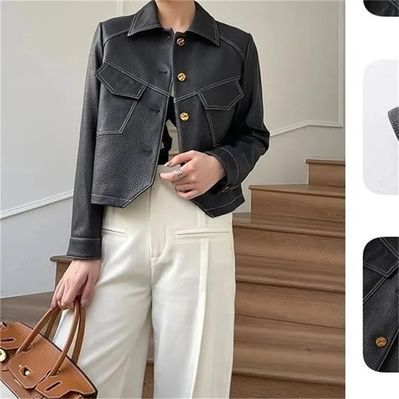 2024 Women Bike High-End Brown Coat Tops PU Leather Outwear Button Outfit Spring Autumn Women Fashion Short Thin Female Jacket