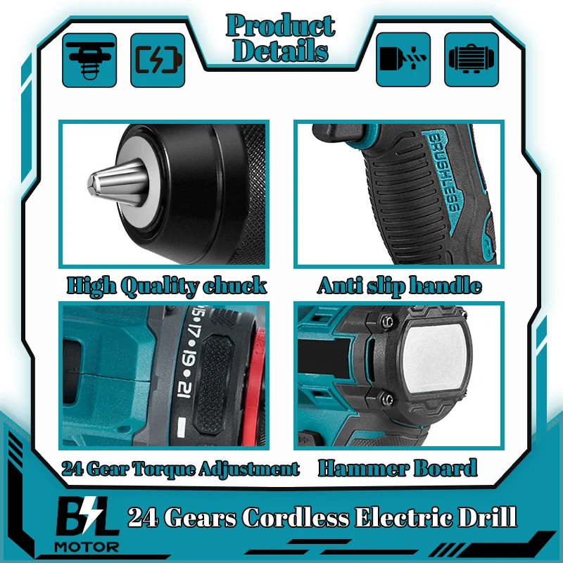 10mm 24 engrenagens sem escova furadeira elétrica chave de fenda com 24 acessórios sem fio eficiente furadeira de impacto ferramenta elétrica para makita 18v