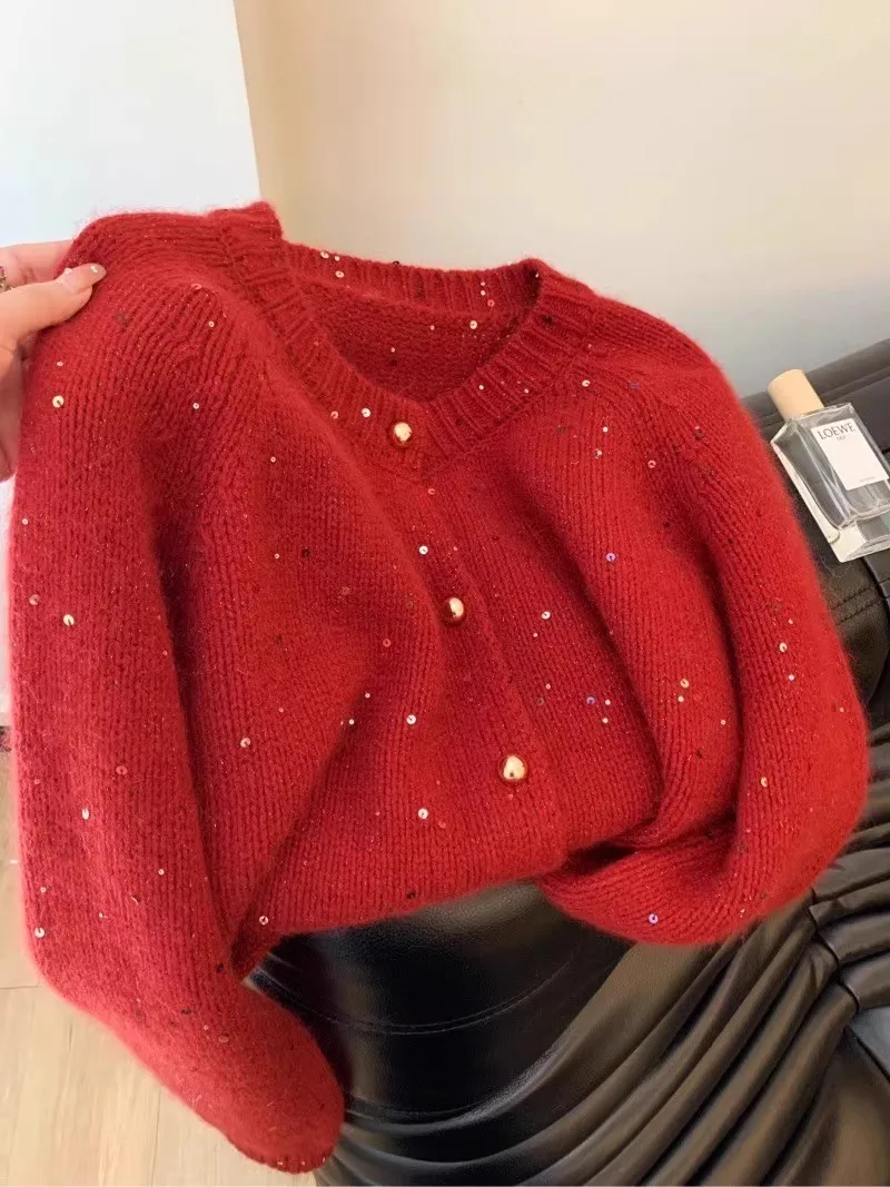 Red New Year Sequin Sweater For Women Round Collar Solid Color Knitted Cardigan Autumn Winter Casual Outerwear