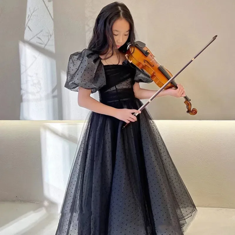 Girl Evening Dress for Kids Elegant Black Vintage Puff Sleeve Gowns Teenages Party Dresses Children Violin Performance Vestidos