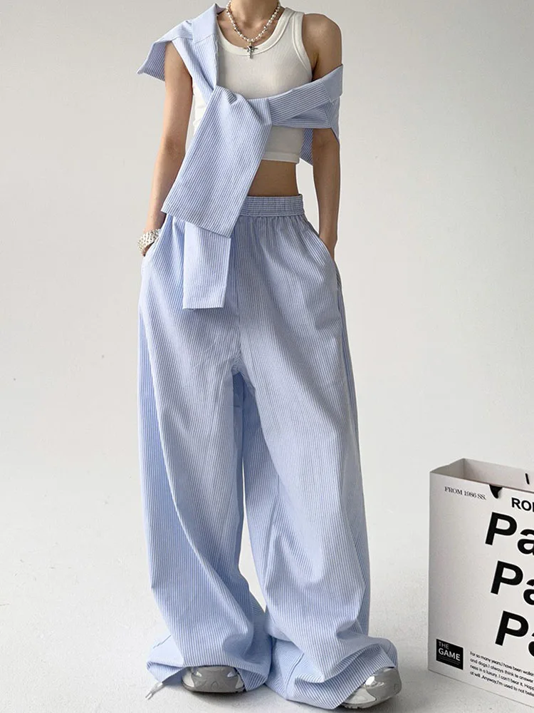 Women's Casual Sweat Pants Striped Belt Straight Baggy Wide Leg Sport Pantalones Elastic Korean Fashion New Trousers Hosen
