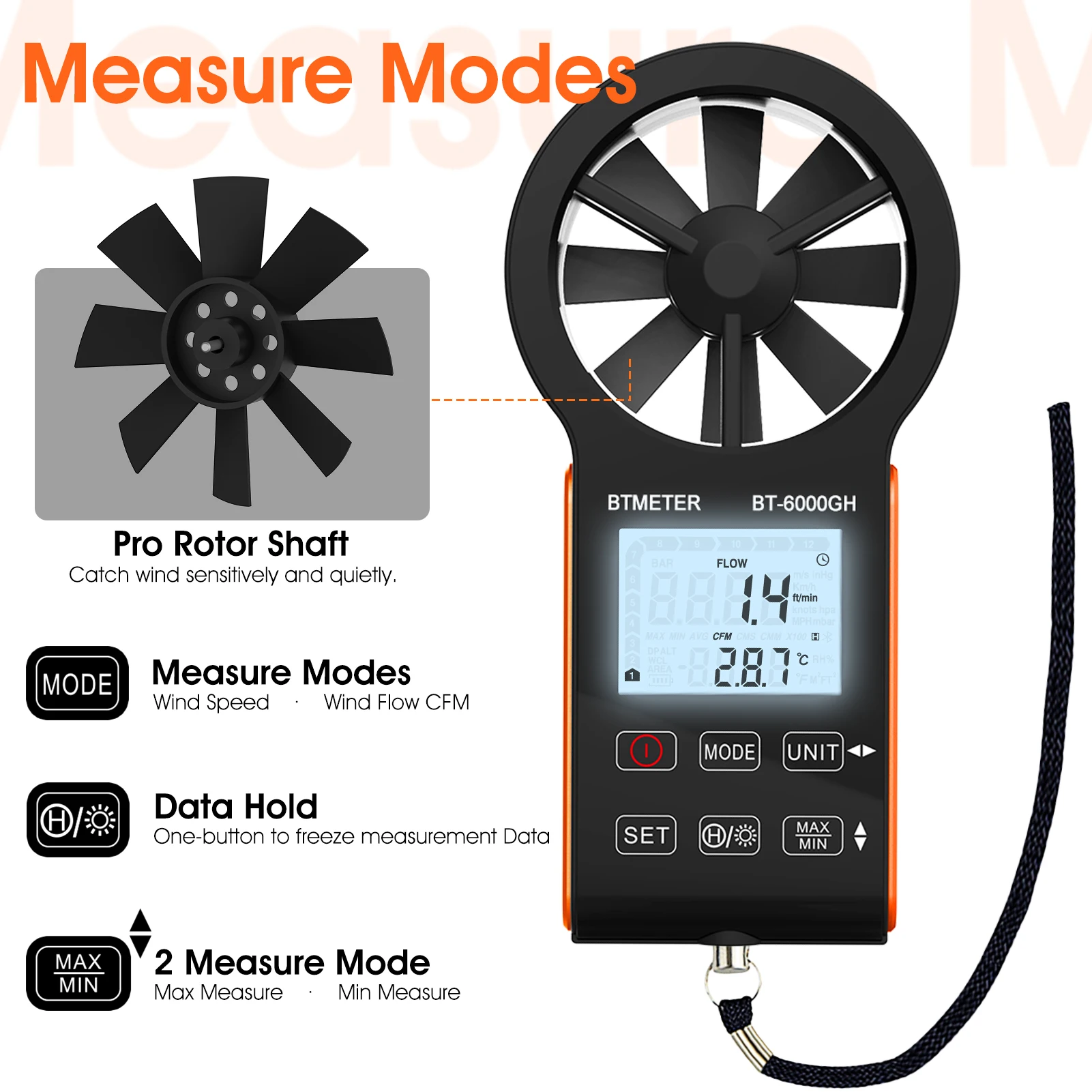 BTMETER 6000GH LCD Digital Anemometer Thermometer Handheld Wind Speedometer Touch Screen Tools Windmesser Air Flow Rpm Meter