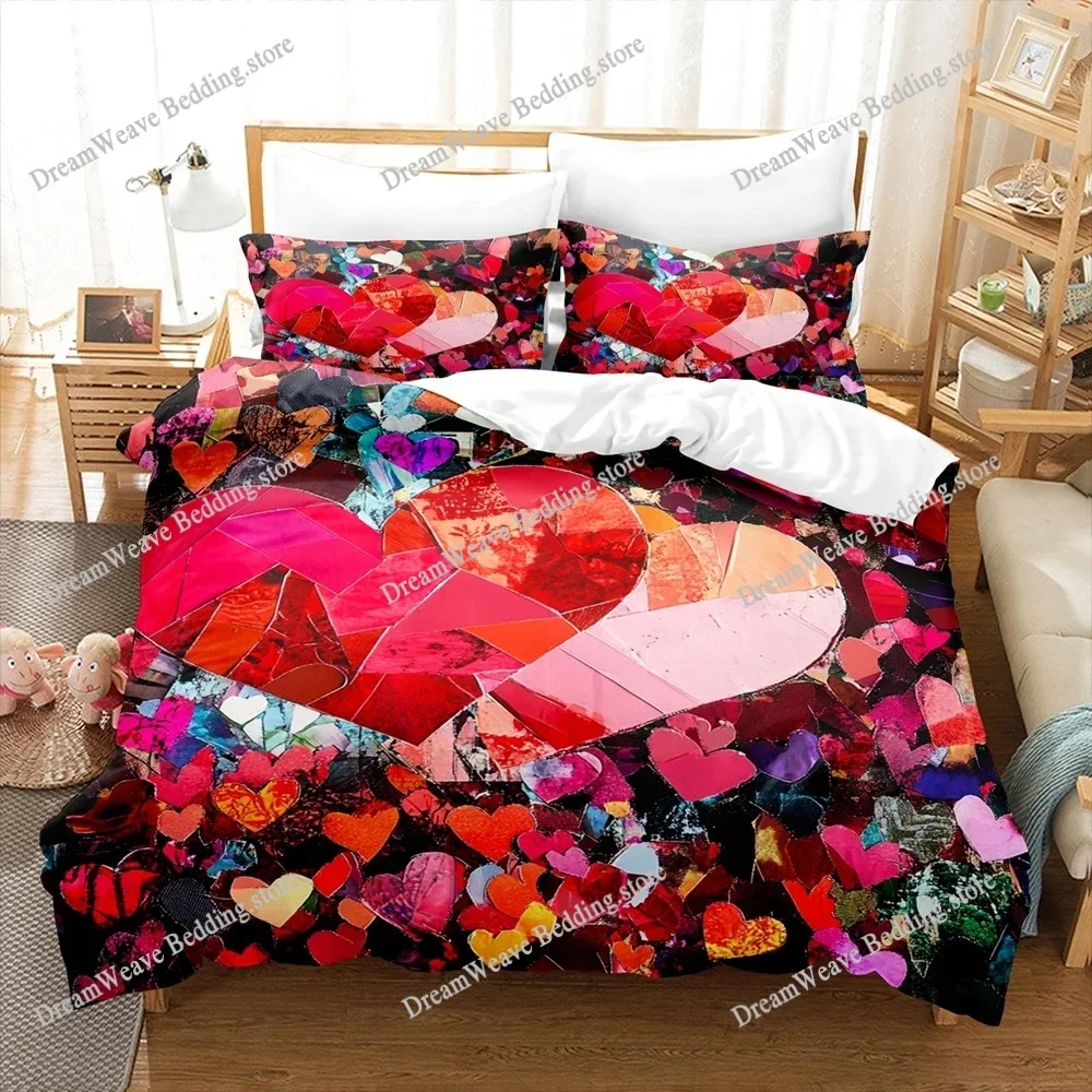 

Love Heart and Newspaper Splicing Bedding Set Comforter Cover Soft Romantic Duvet Cover for Girls Women Room Valentine's Day