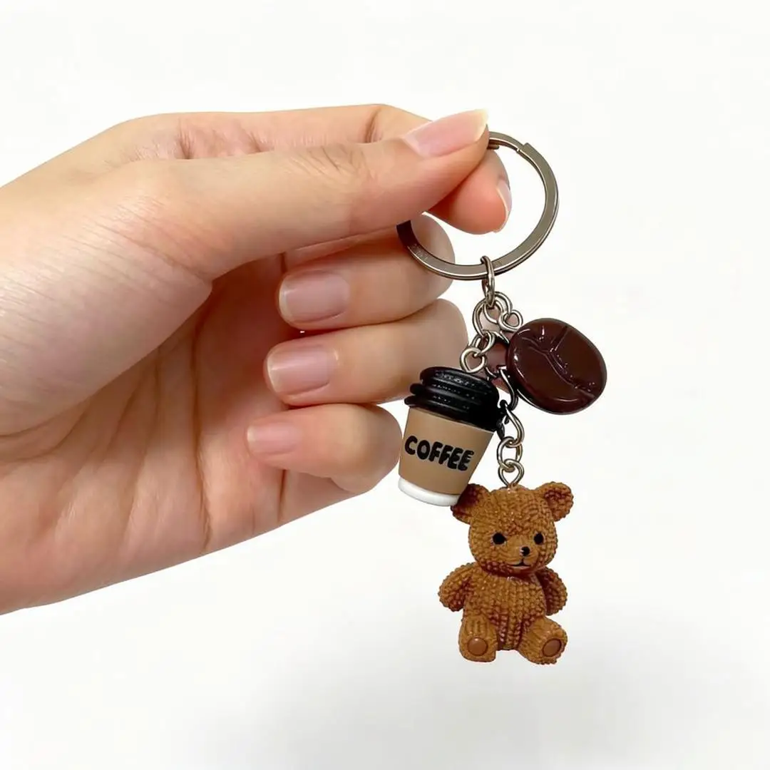 Kawaii Coffee Theme Keychain with Teddy Bear Charm Resin Coffee Cup Bean Key Ring Bag Pendant for Students Women Gift view 5