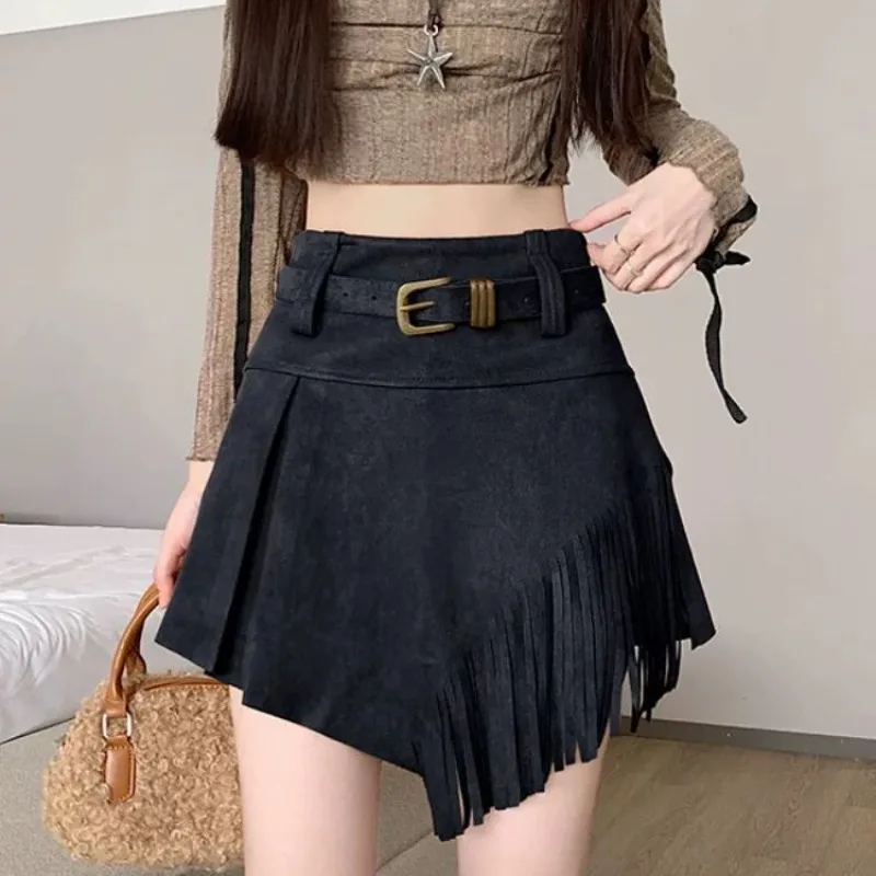 

An Irregular High-waisted A-line Skirt with Design Sense and Suede Velvet Skirt Trendy A Retro Fringed Skirt with Belt for Women