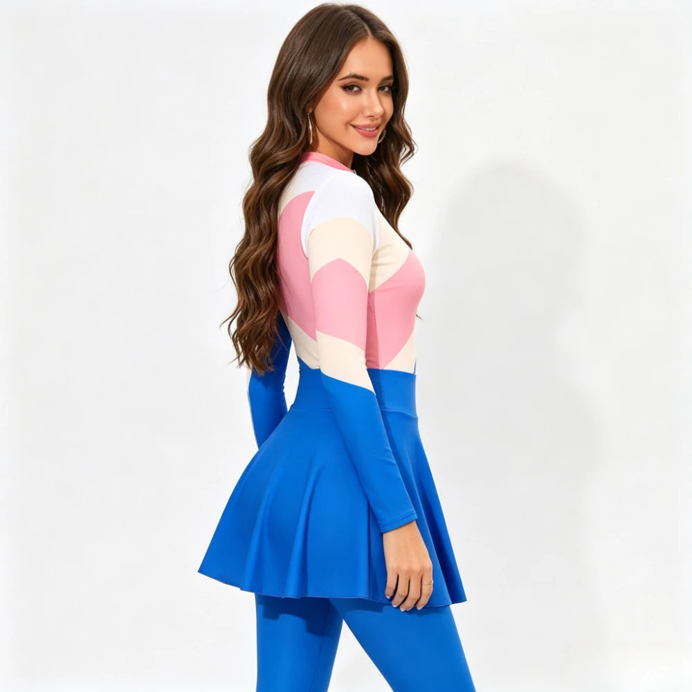 New Color Block 4 Piece Modest Burkini Swimwear Front Zip Long Sleeve Rash Guard + Flared Skirt UPF Muslim Beach Swimsuit Set view 5