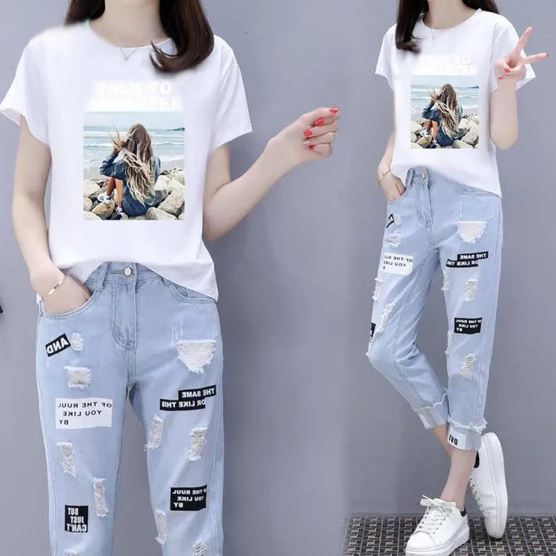 2022 estate nuovi eleganti pantaloni da donna Set T-shirt a maniche corte stampata moda Jeans traforati Set di due pezzi tuta femminile