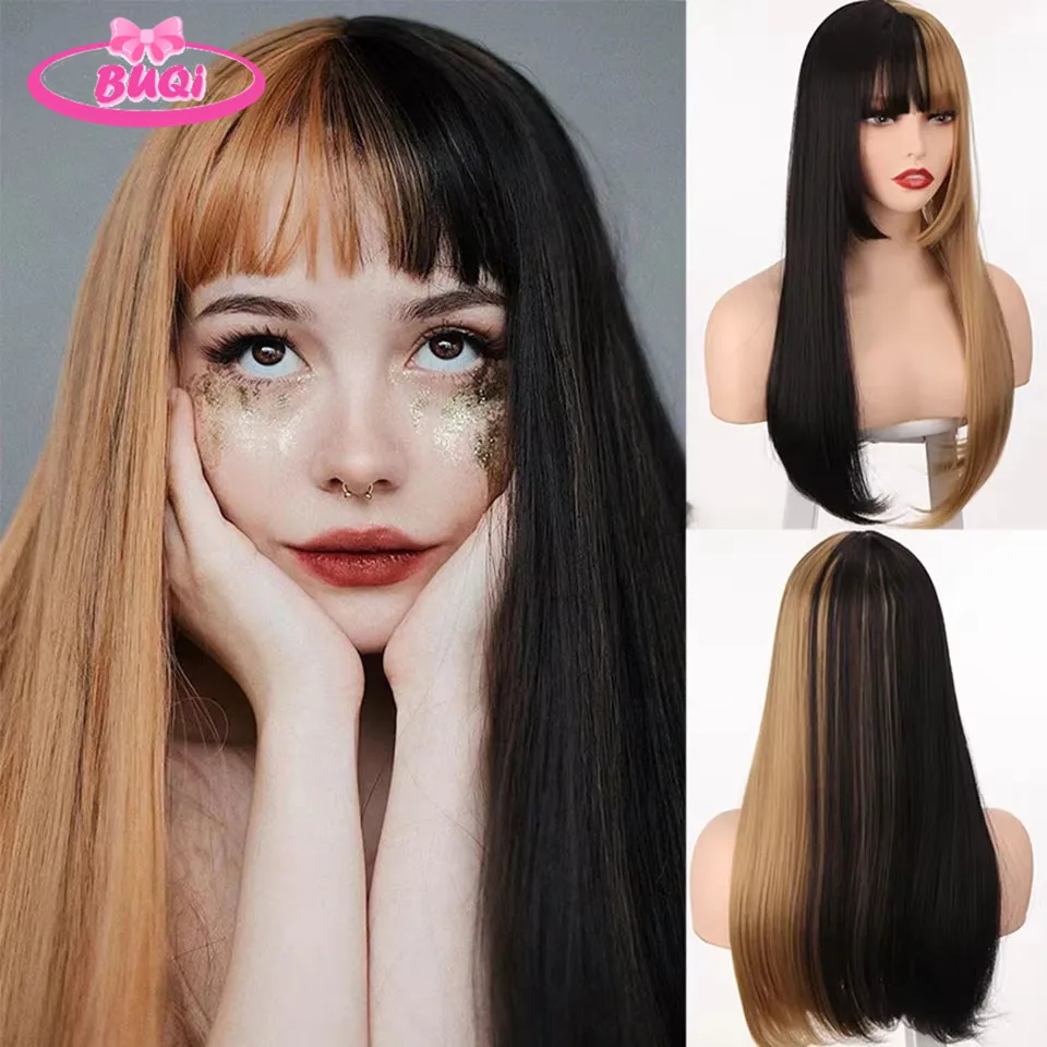 LM Wig Lolita panjang lurus sintetis, dengan poni pirang, coklat, hitam, Wig Cosplay dua warna, Wig keriting berombak Natal Halloween