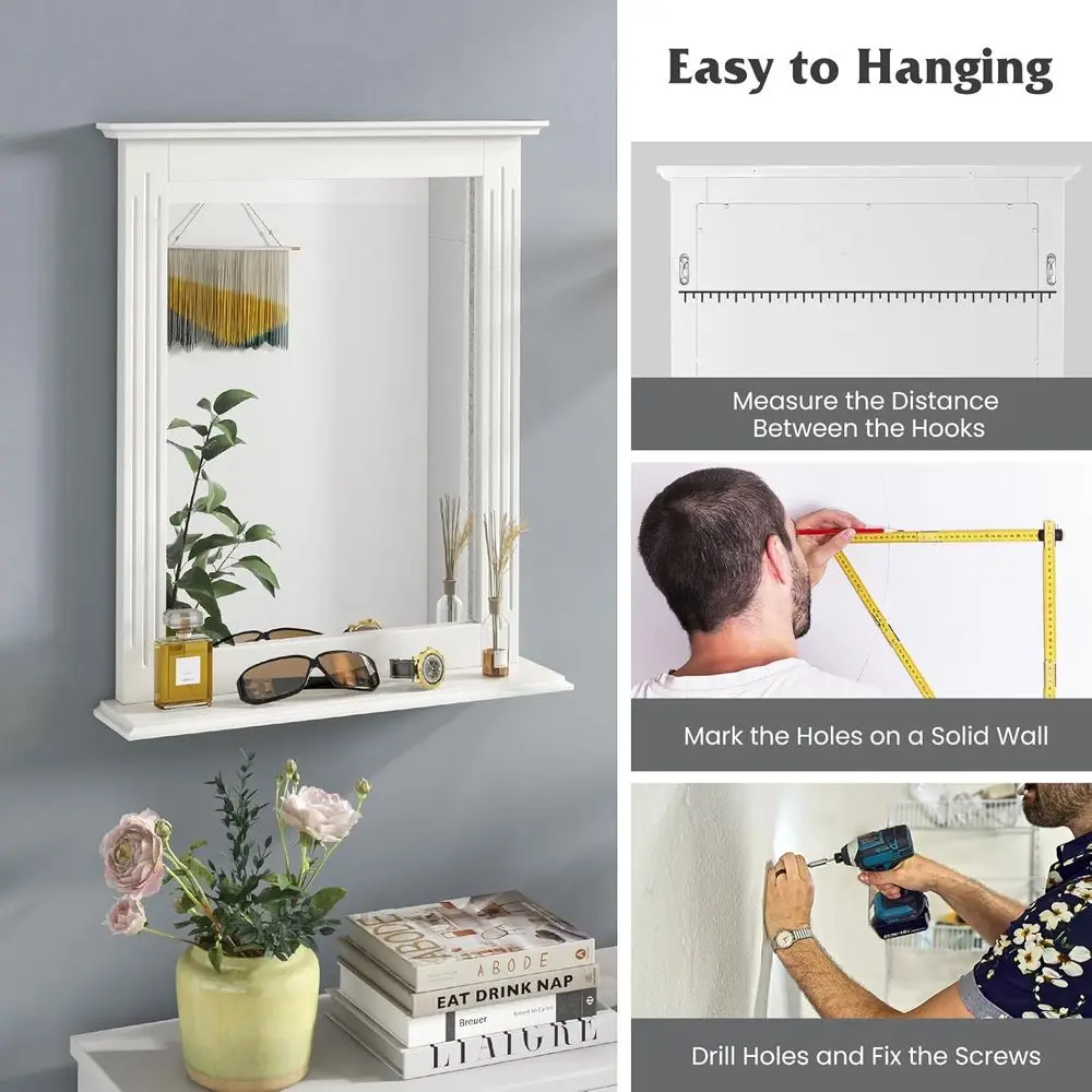 Espejo de pared blanco con estante, espejo de tocador sobre lavabo para baño, dormitorio y más