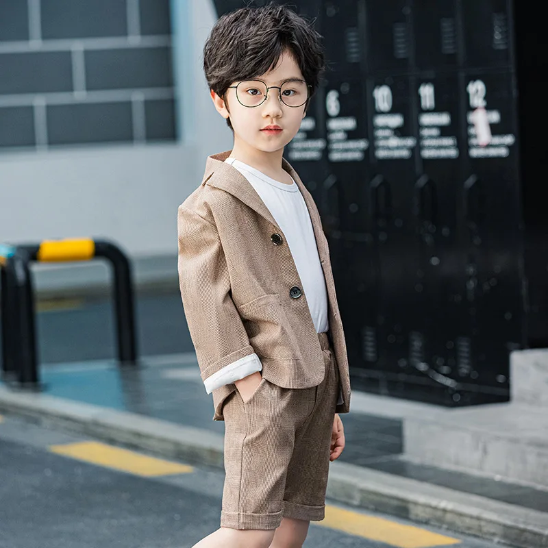 Boys Casual Plaid Blazer Suit Set with Long Pants or Shorts Soft Draping Fabric Kids Loose Fit Streetwear Summer Spring 4-14Y