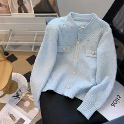 French Knitted Cardigan Sweater Luxury Diamond O-Neck Long Sleeve Top Women's Autumn Winter Korean Soft Comfort Coat