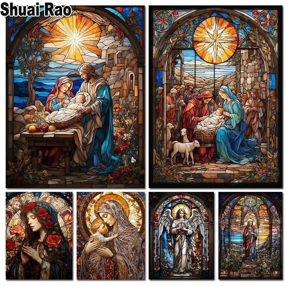 Mary Mother of God Stained Glass Full diamond painting  Birth of Saviour Jesus Christ DIY Embroidery Cross Stitch Home Decor