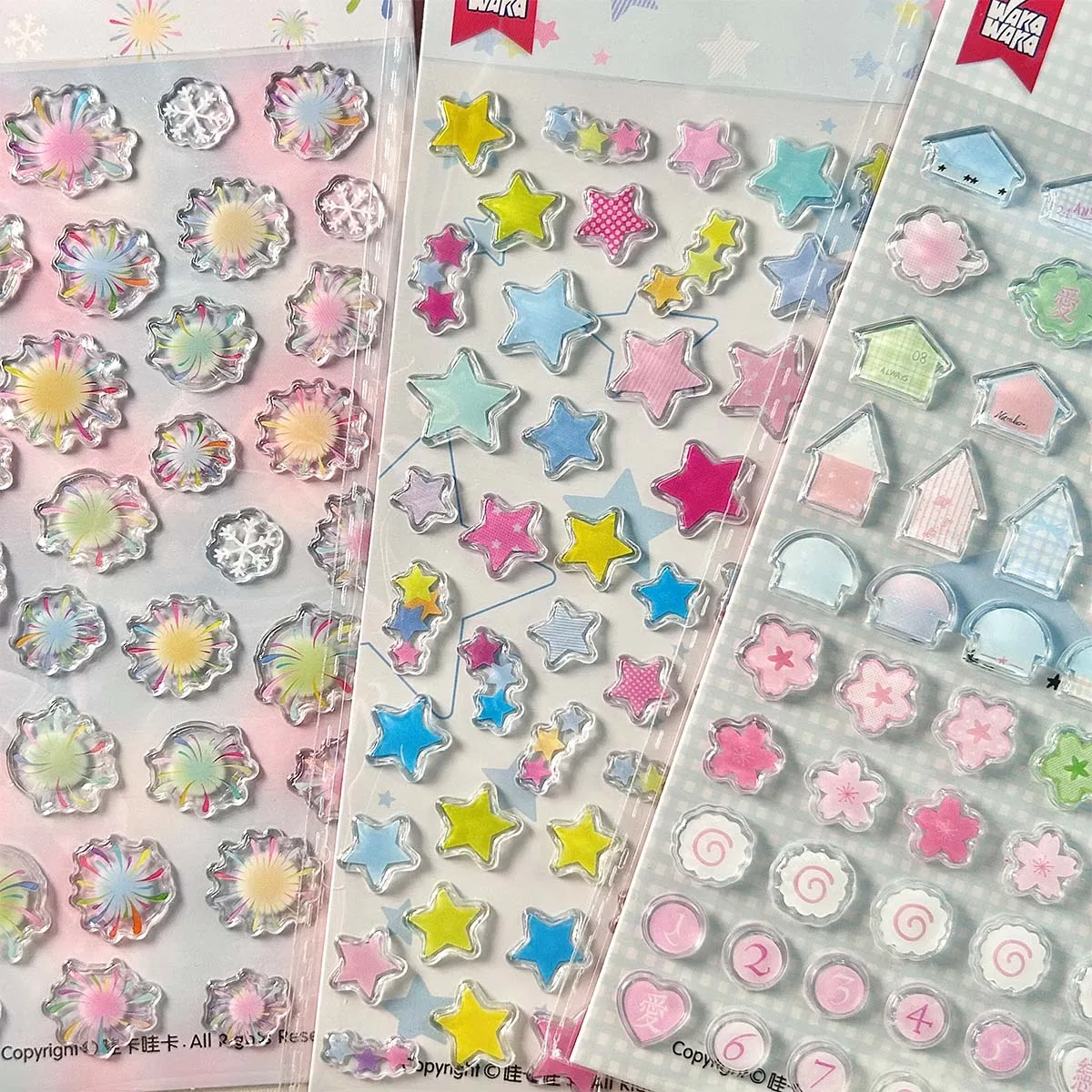 6PCS 3D Stickers Journal Deco Stickers Clover Strawberry Stickers for Phone Cases Fireworks DIY Craft Supplies