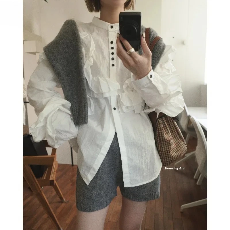 Japanse stijl lente en herfst nieuwe kanten rand vetersluiting single-breasted shirt zoete meisjes veelzijdige effen kleur lange mouw top