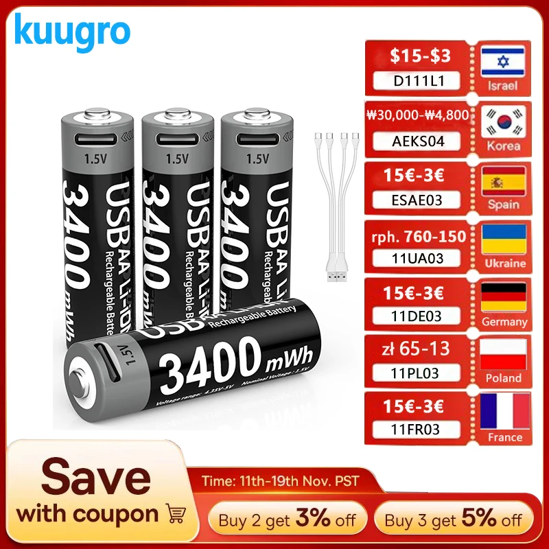 

Kuugro USB AA 1.5V 3400mwh Lithium Rechargeable Battery Type-C Charging For Microphone Remote Control Mouse Smart Door Lock