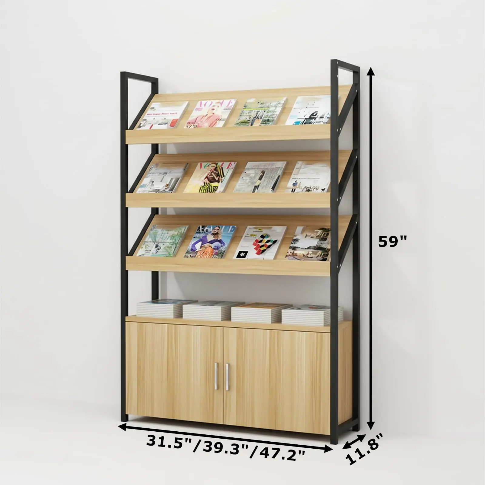 Magazine Rack Floor, 3/4-Tier Floor Magazine Rack with Bottom Storage Cabinet, Sturdy Carbon Steel & Wood Literature
