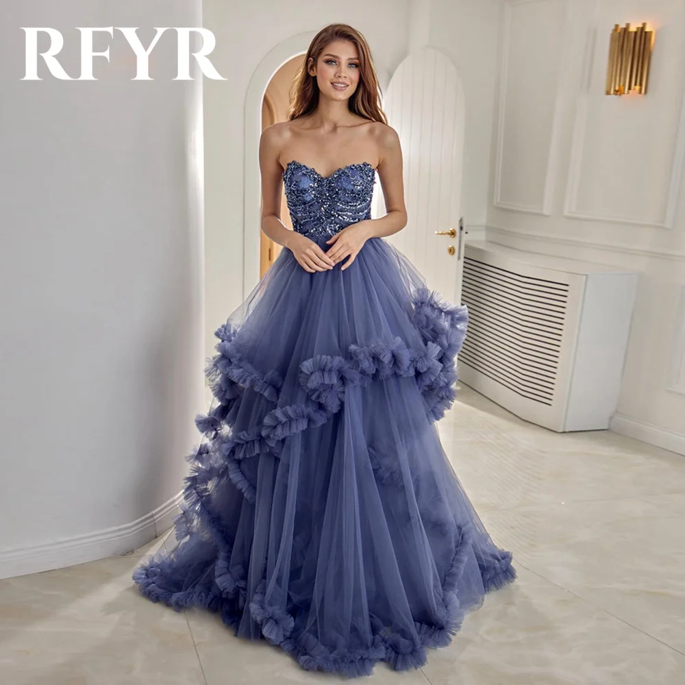 

RFYR Charming Sweetheart Off Shoulder Evening Dresses Sweet A-line Tulle Shiny Prom Dress Appliques Sleeveless فساتين السهرة