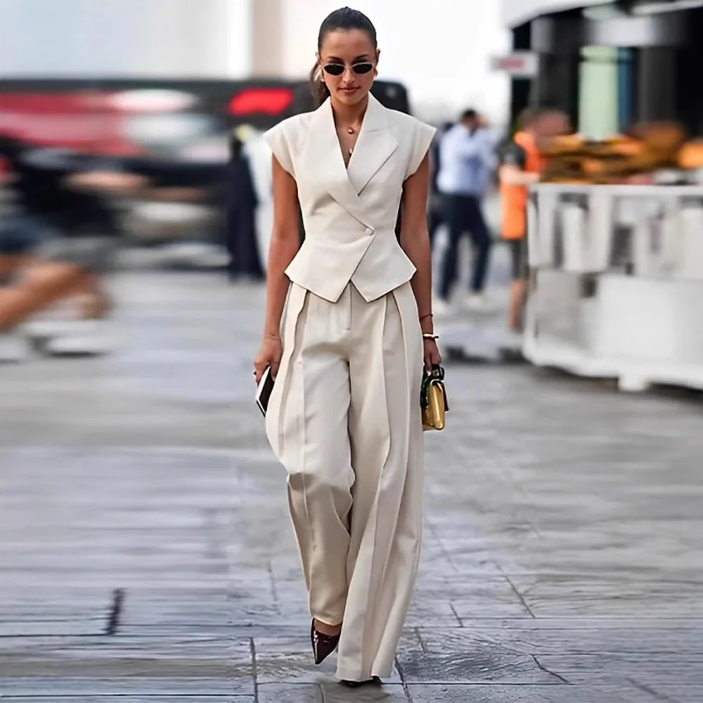

Faionable Women's Suit Set 2025 Spring Summer New Sle Beige Waist-Cinching Svel Profional Pantsuit