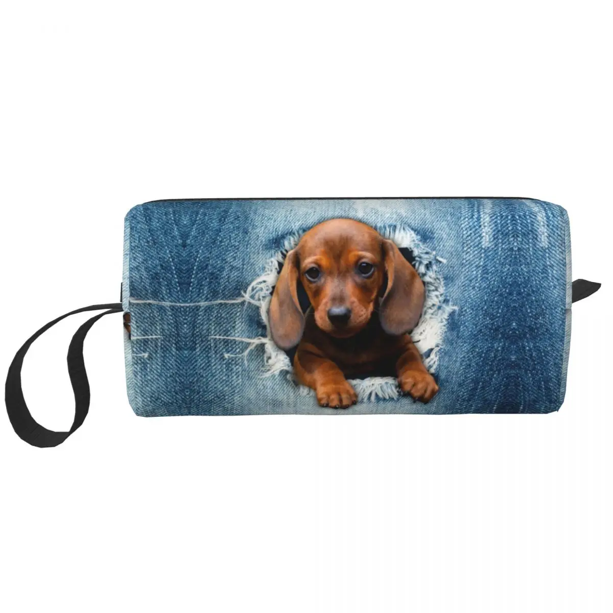 

Custom Dachshund Dog Torn Jean Travel Cosmetic Bag Wiener Badger Sausage Dog Makeup Toiletry Organizer Beauty Storage Dopp Kit