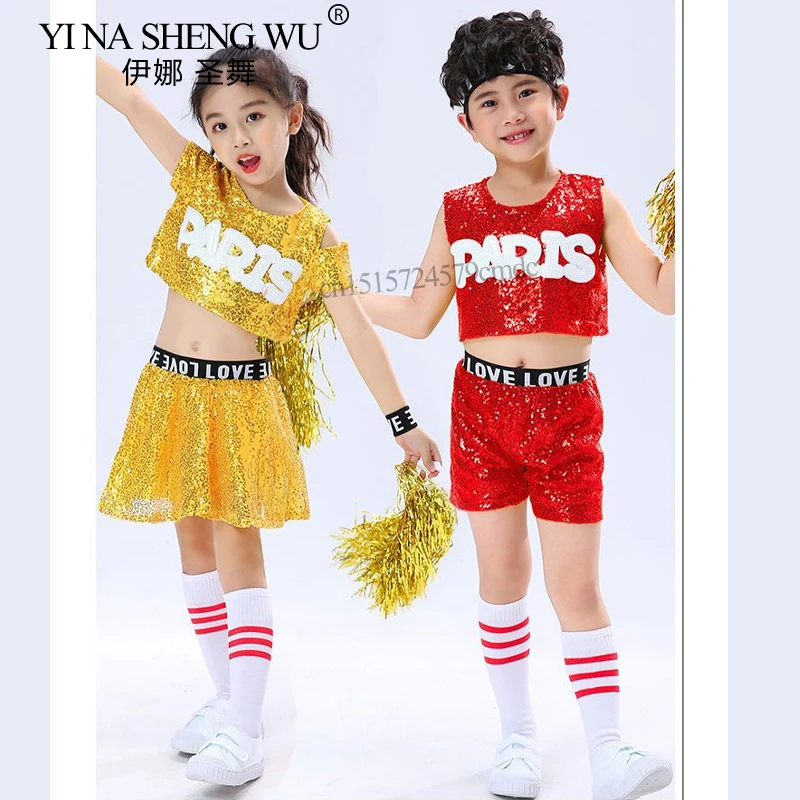 Nouveaux Costumes de danse Jazz pour enfants, ensemble haut court et jupe/short à paillettes pour garçons et filles, tenues de scène de danse de rue moderne Hip Hop