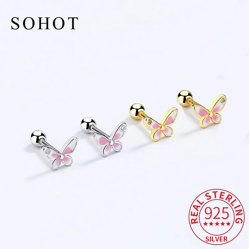 

Classic Real 925 Sterling Silver Zircon Butterfly Screw Bead Stud Earrings For Women Cute Fine Jewelry Minimalist Accessories