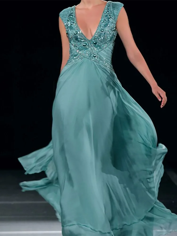 

Elegant V-Neck Appliquins Beading Sleeveless Pleat A-Line Formal Evening Dresses Birthday Party Prom Gowns Customized