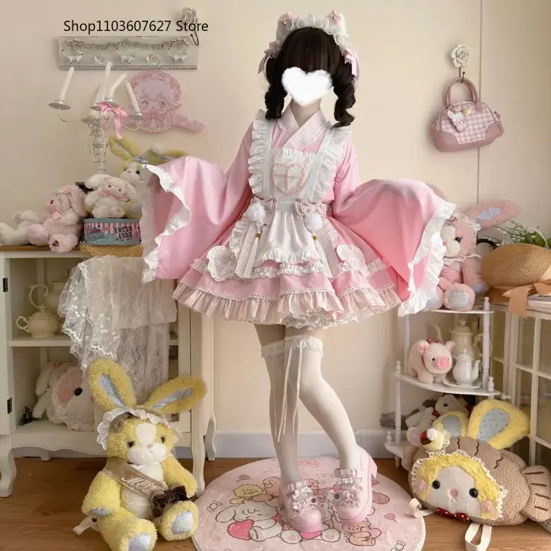 Conjunto de vestido de sirvienta de Anime Lolita para mujer, kimono japonés dulce, disfraz de gato de Halloween, vestidos de fiesta góticos Y2K, vestido bonito para niñas