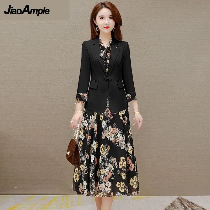 Women\'s Elegant Suit Jacket Floral Dress Two-piece Korean Casual Blazers Business Dresses Set Female Clothing Midi Skirt Suit