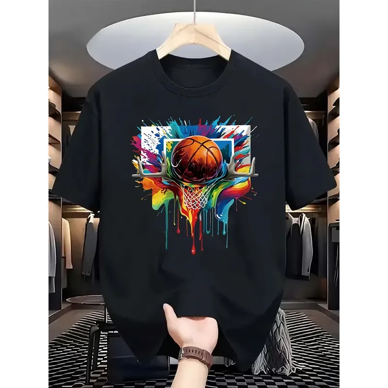Men's New Summer 100% Cotton T Shirt with Basketball Print Short Sleeved Top Suitable for Basketball Enthusiasts and Daily