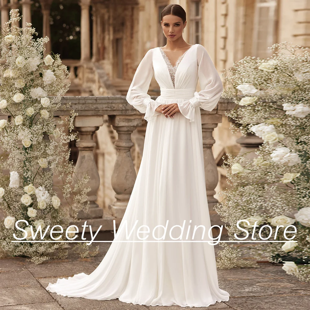 

Summer Wedding Dress Beach Bridal Gown Puff Sleeves V Neck Beading Sequined Sweep Train A Line Bride Dresses Robe De Mariee