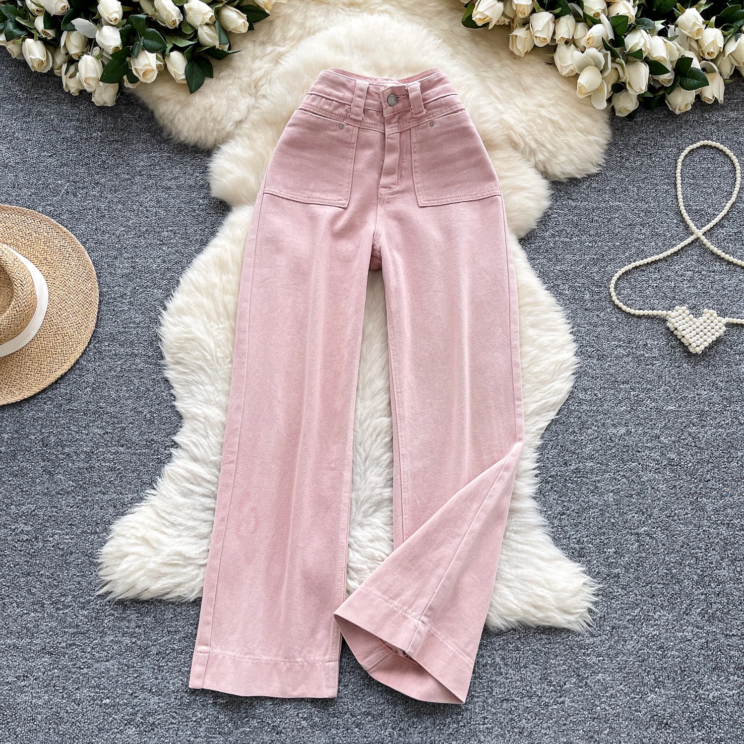 

Розовые джинсы для женщин, весна-осень, новый американский стиль, повседневные свободные брюки до щиколотки, брюки с высокой талией на молнии