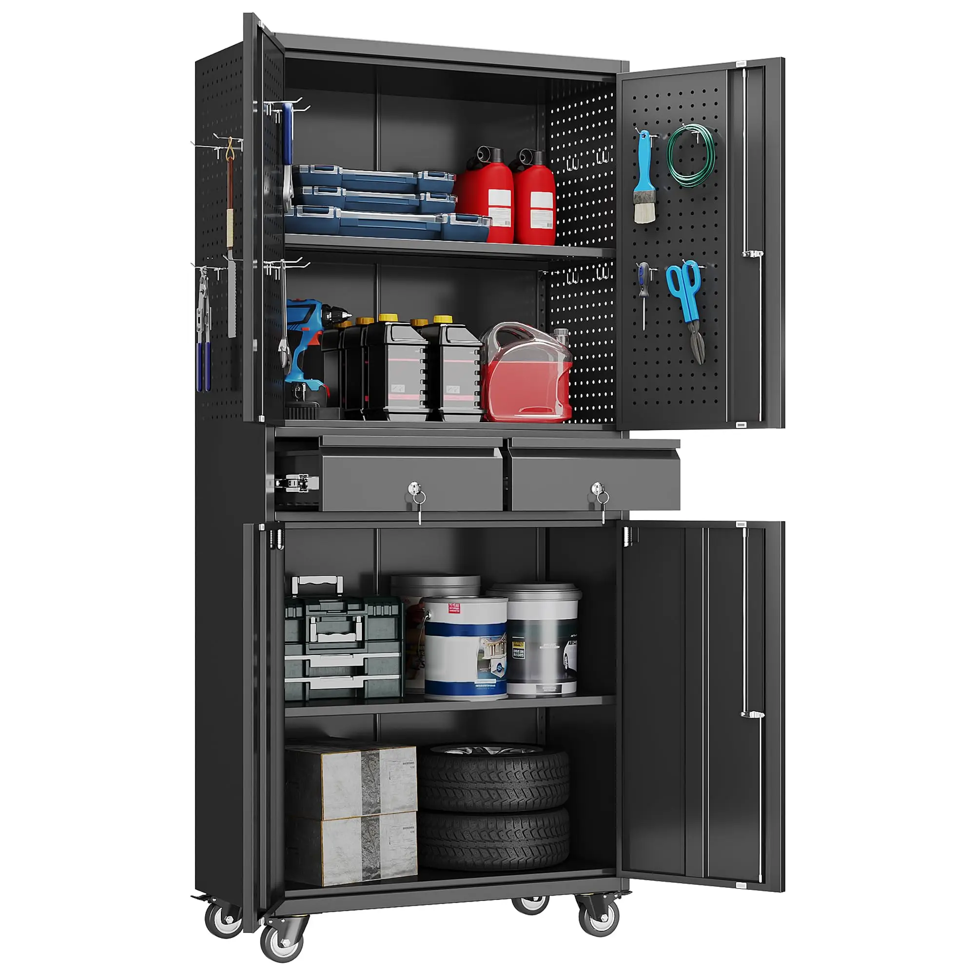 71-Inch Garage Storage Cabinet with 2 Drawers, Wheels and Pegboard