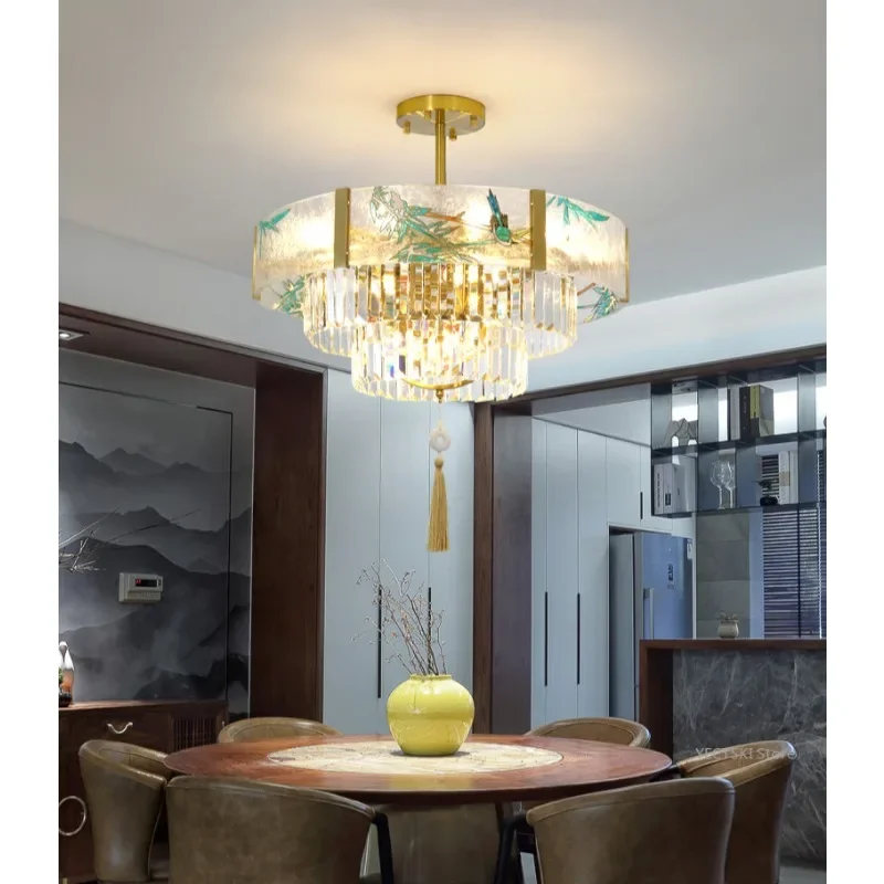 GHJUYIOL New Chinese style light luxury crystal lamp living room Chinese style retro atmospheric dining room pendant light