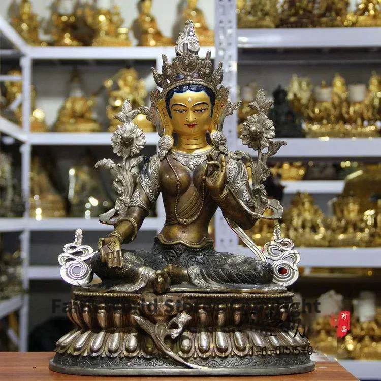 Huge LARGE # HOME hall efficacious Protection Talisman Tibetan Buddhism silver-plated gilt Green Tara buddha figure statue