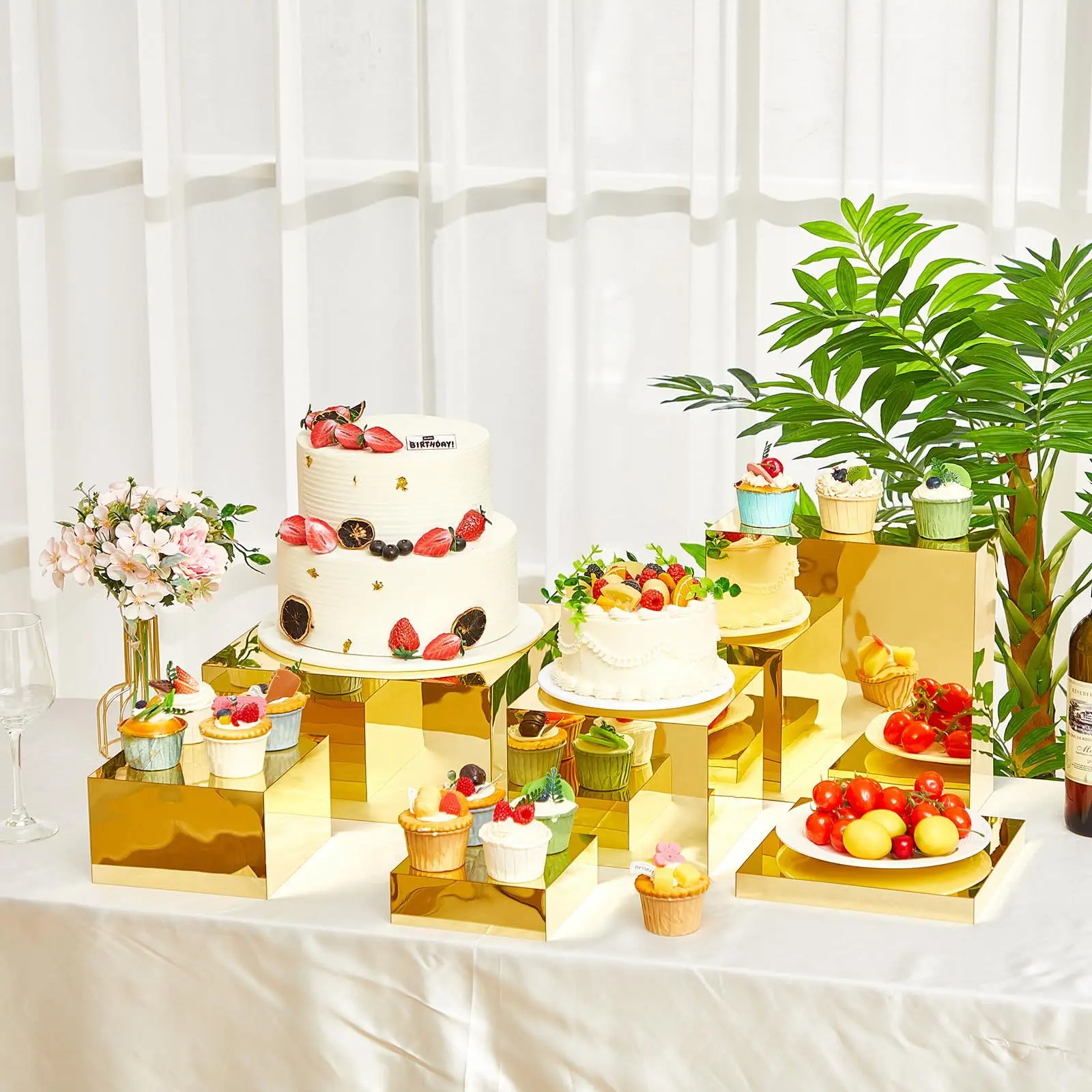 Set of 7 Gold Display Stand Cube Box with Hollow Bottom Inlaid Acrylic Bracket for Wedding Party