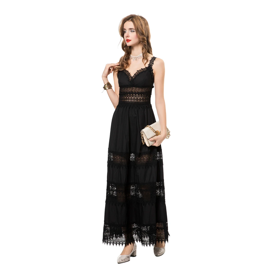 Damenkleider Spaghettiträger Schatz Spitze Patchwork Elegant Sexy Urlaub Abendkleid Lang Vestidos S-4XL