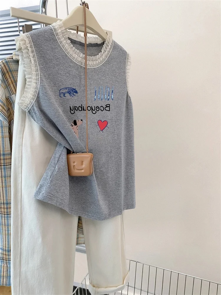 

Retro ey Lace Trim Strap Tank Top Women Casual Svel Sli Summer High Faion Versatile Loose Fit Casual irt