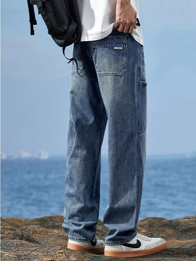 Men's Vintage Baggy Jeans Patchwork Fashion Loose Straight Trousers Male Korean Jogging Cargo Denim Pants