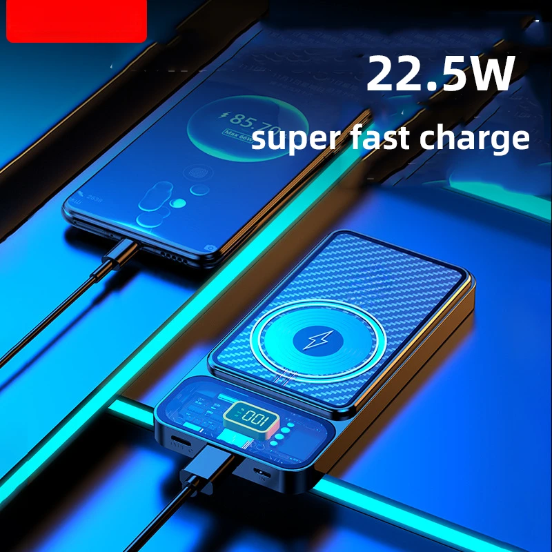 For IPhone Samsung Magnetic Wireless 10000mAh Power Bank Portable Transparent USB C Powerbank 22.5W Charger External Battery