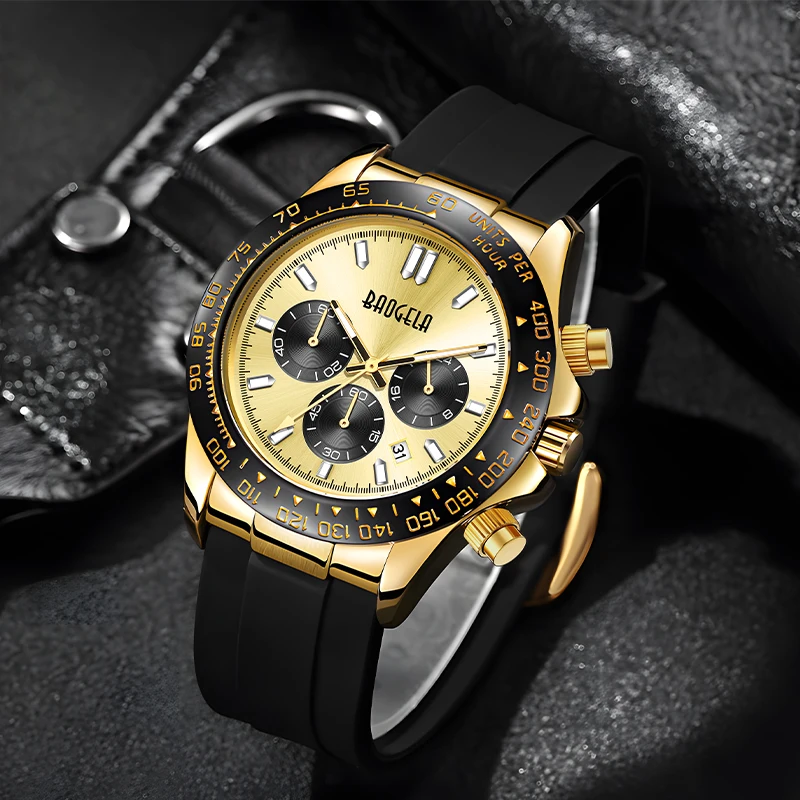 BAOGELA Quartz Watches for Men Fashion Black Gold Silicone Strap Chronograph Wristwatch with Date 24hour Indicator Luminous Hand