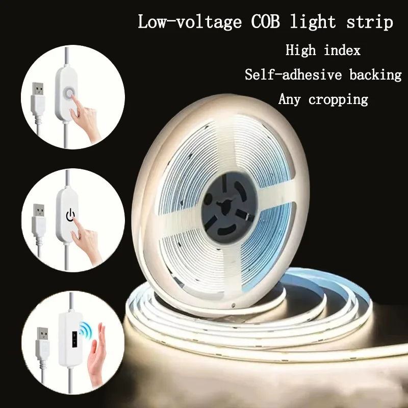 Bande lumineuse LED COB USB 5V, bande Flexible haute densité, rétro-éclairage à intensité variable, pour salon, chambre à coucher, décoration d'armoire de cuisine