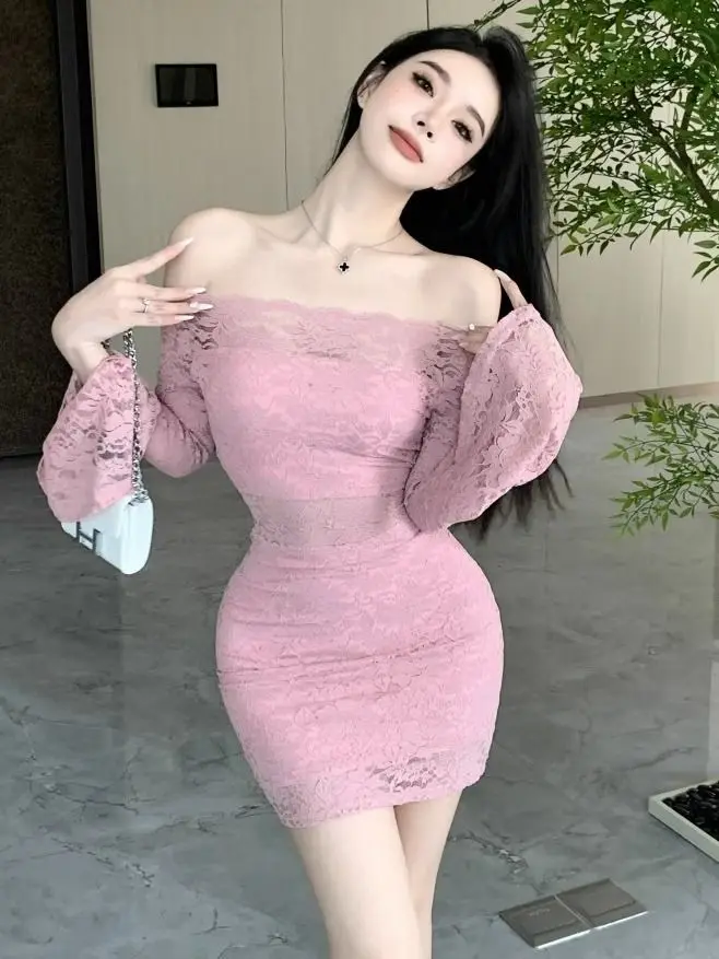 ワンラインカラーレース長袖ドレス女性スリムフィットホットガールショートスカート