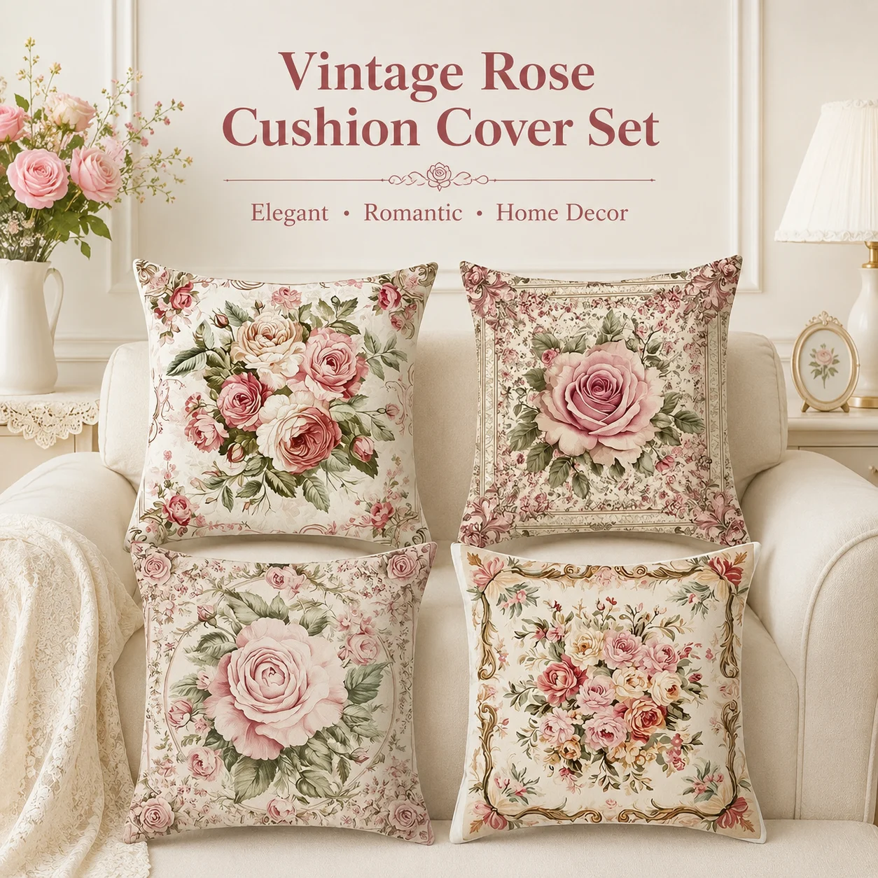 Vintage Rose Cushion Covers 4Pcs 2D Flat Printed Peach Skin Floral Pillow Cases Shabby Chic Couch Room Decor Coussin Set