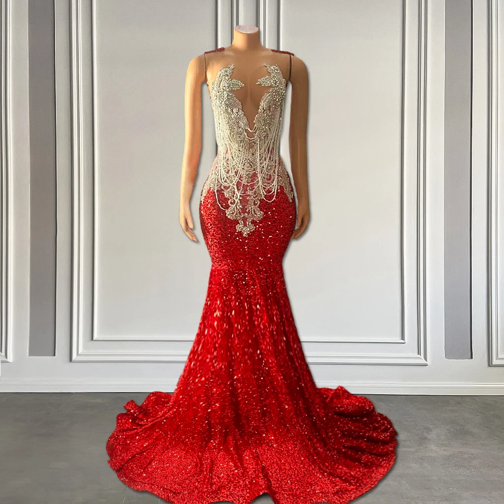 Charming Red Sequin Mermaid Prom Dress for Black Girls Sparkly Beaded Tassel Rhinestone Luxury Long Prom Gowns 2024