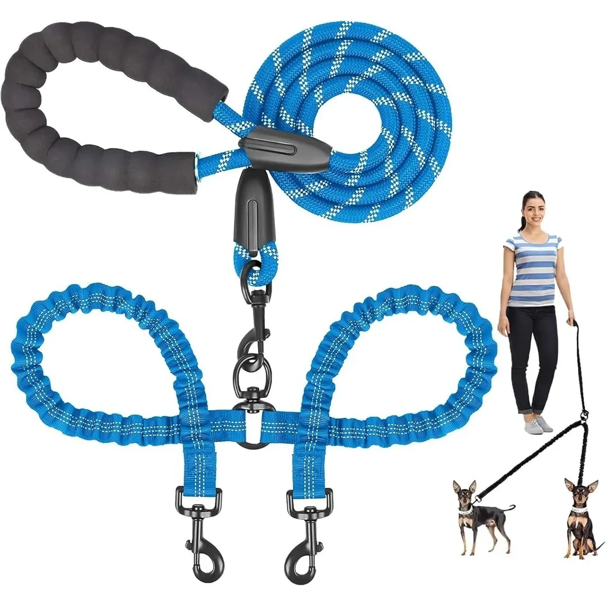 Double Large Dog Leash Explosion-proof 360 Swivel No Tangle Shock Reflective Absor Bungee Leash for Dog Walking Training Leash