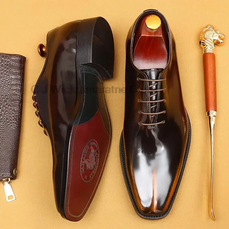 HKDQ Luxury Mens Oxford Dress Shoes Whole Cut Genuine Leather Handmade Lace-up Formal Shoe For Men Wedding Business Office