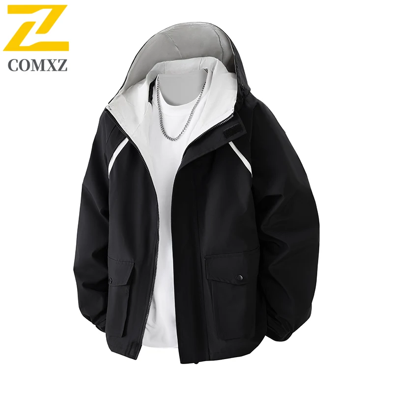 

COMXZ2025 New Hooded Jacket Men Outdoor Windproof Waterproof Breathable Windbreaker Outdoor Casual Fashion Loose Big Size Jacket