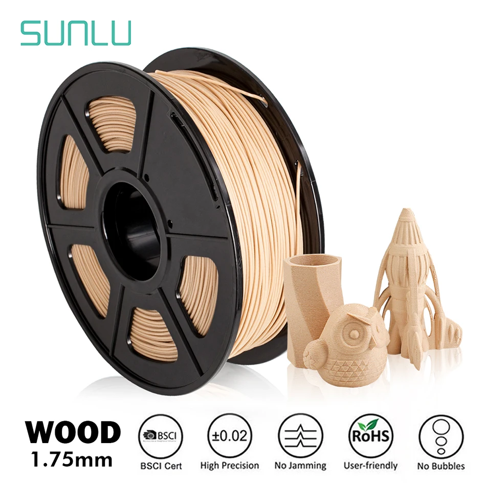 SUNLU-filamento PLA de madera Biodegradable, 1KG, 1,75 MM, sin burbujas, sin nudo, adorno de impresión, árbol, obra de arte, madera realista