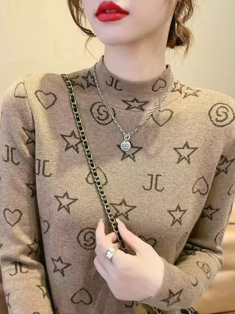 패셔너블 프린트 슬리밍 롱 슬리브 베이스 셔츠 여성용 하이 칼라 이중 레이어 울 트렌디 이너웨어 탑