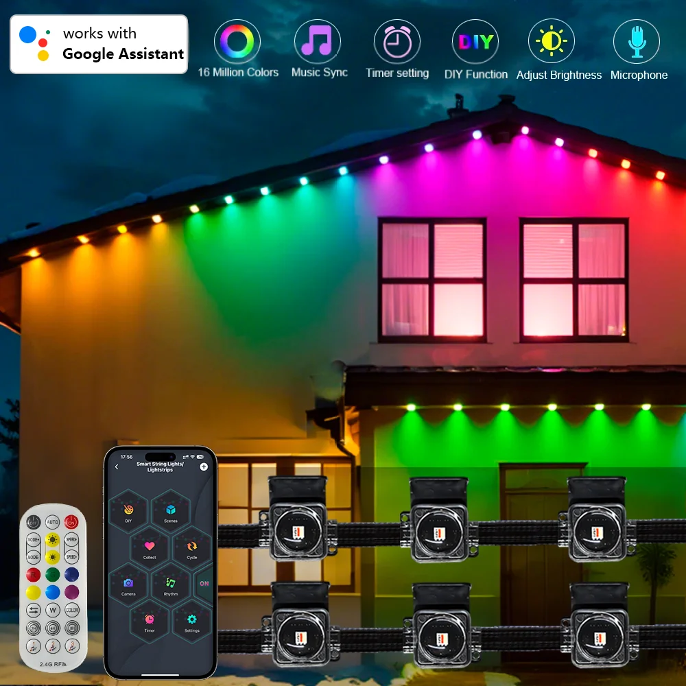 100피트 60LED 스마트 야외 스트링 라이트 IP67 방수 앱 제어 RGBIC DIY 음악 동기화 파티오 처마 파티 장식 조명